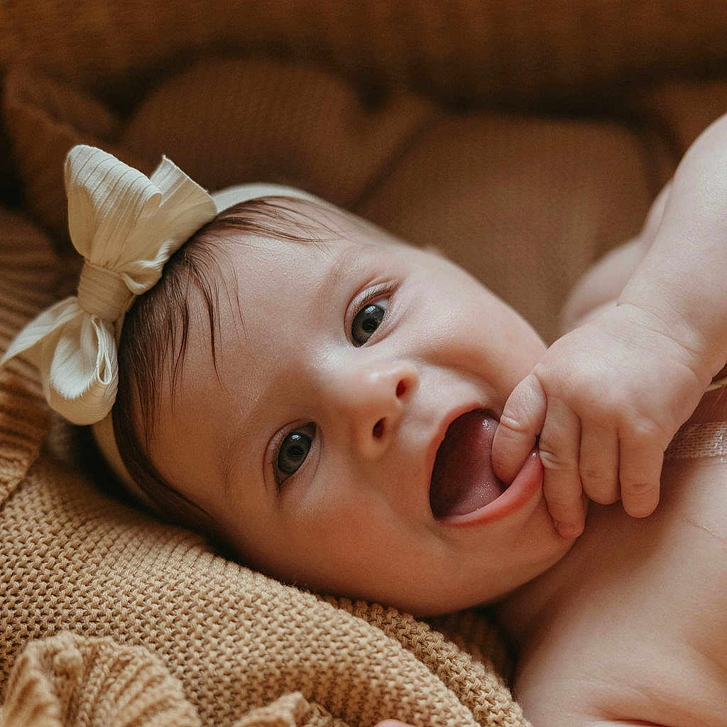 Adah is registered to the contest to win money with this photo: baby, infant, bow, headband, blanket, knitted, smile, happy, cute, child, fingers, mouth, skin, portrait, closeup, lying_down, cozy, warm, soft, expression