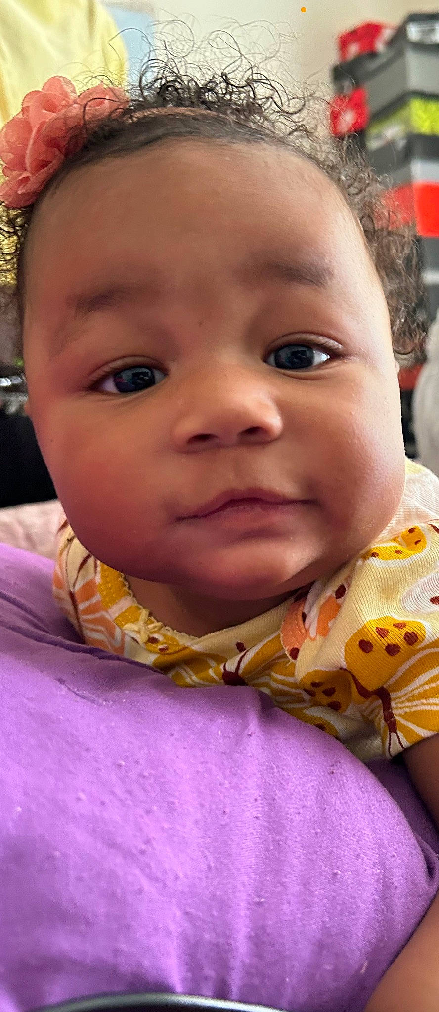 Clover is registered to the contest to win money with this photo: baby, baby_toddler_clothing, cheek, chin, eye, eyebrow, eyelash, facial_expression, forehead, hairstyle, happy, iris, lip, mouth, nose, people, person, pink, skin, sleeve