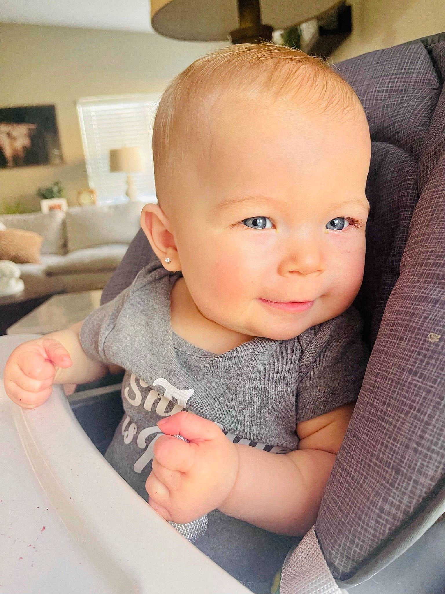 Jovi joined the competition — help win amazing prizes! arm, baby, baby_toddler_clothing, car_seat, chair, cheek, child, chin, comfort, eyebrow, finger, head, iris, lamp, mouth, person, sitting, skin, smile, toddler