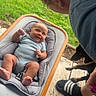 Zaylee is registered to the contest to win money with this photo: baby, infant, person, smiling, baby_seat, outdoor, grass, wooden_floor, dog, black_dog, footwear, slippers, casual_clothing, greenery, happy, interaction, portrait, cute, family, pet