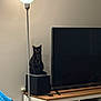 black_cat, cat, living_room, floor_lamp, television, speaker, furniture, couch, remote_control, wooden_surface, electronics, cords, indoor, pet, yellow_eyes, seated, black_fur, home_interior, modern, cozy