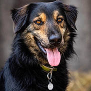 Patate a rejoint le concours — aidez-le/la à gagner de superbes lots ! amber_eyes, animal, background_blur, black_coat, canine, closeup, collar, dog, ears, friendly, fur, happy, muzzle, nature, outdoor, pet, portrait, tag, tan_markings, tongue_out