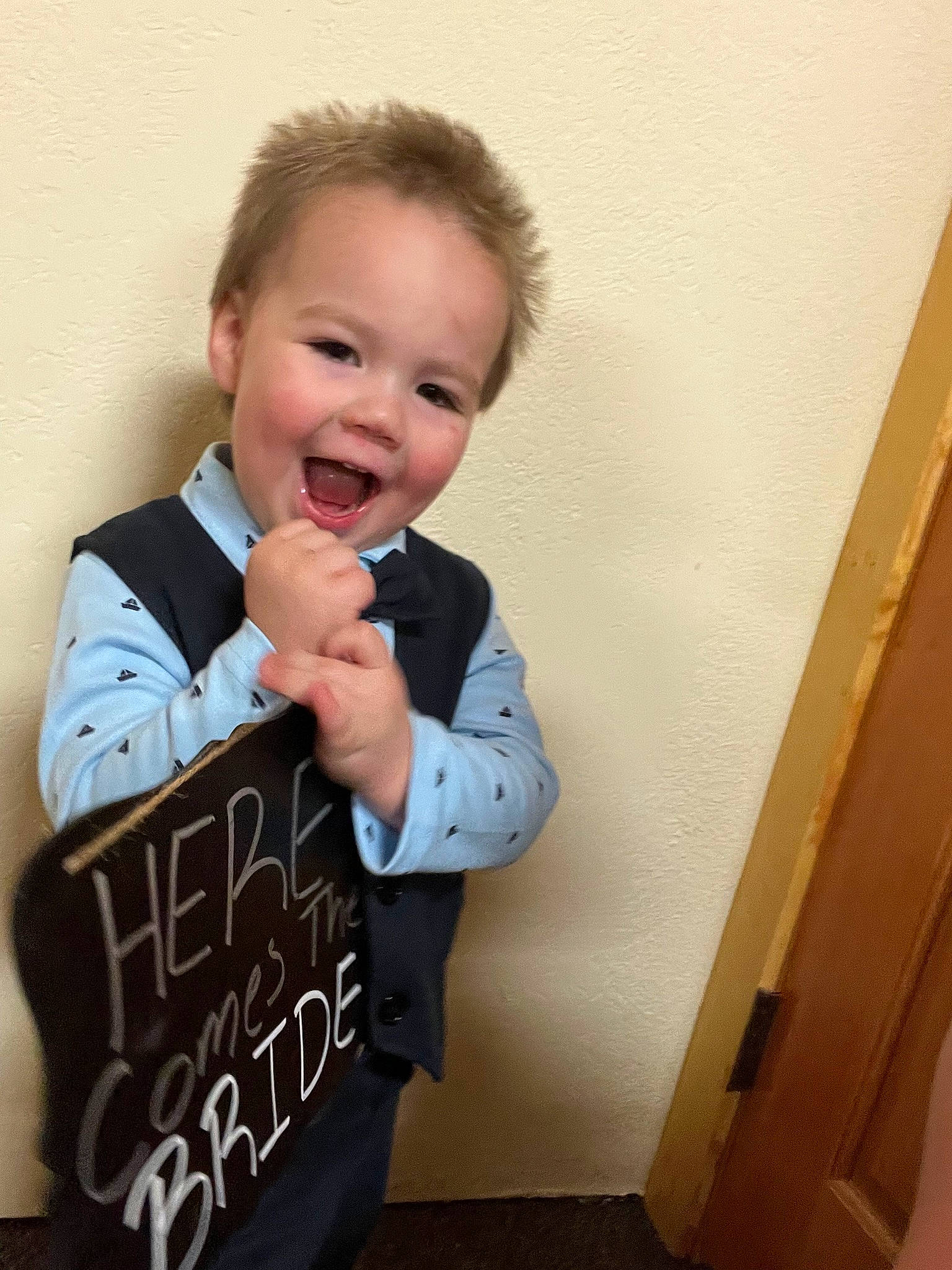 Gannon joined the competition — help win amazing prizes! baby_toddler_clothing, cheek, child, chin, collar, facial_expression, formal_wear, gesture, happy, head, neck, nose, person, skin, sleeve, smile, standing, t_shirt, thumb, tie
