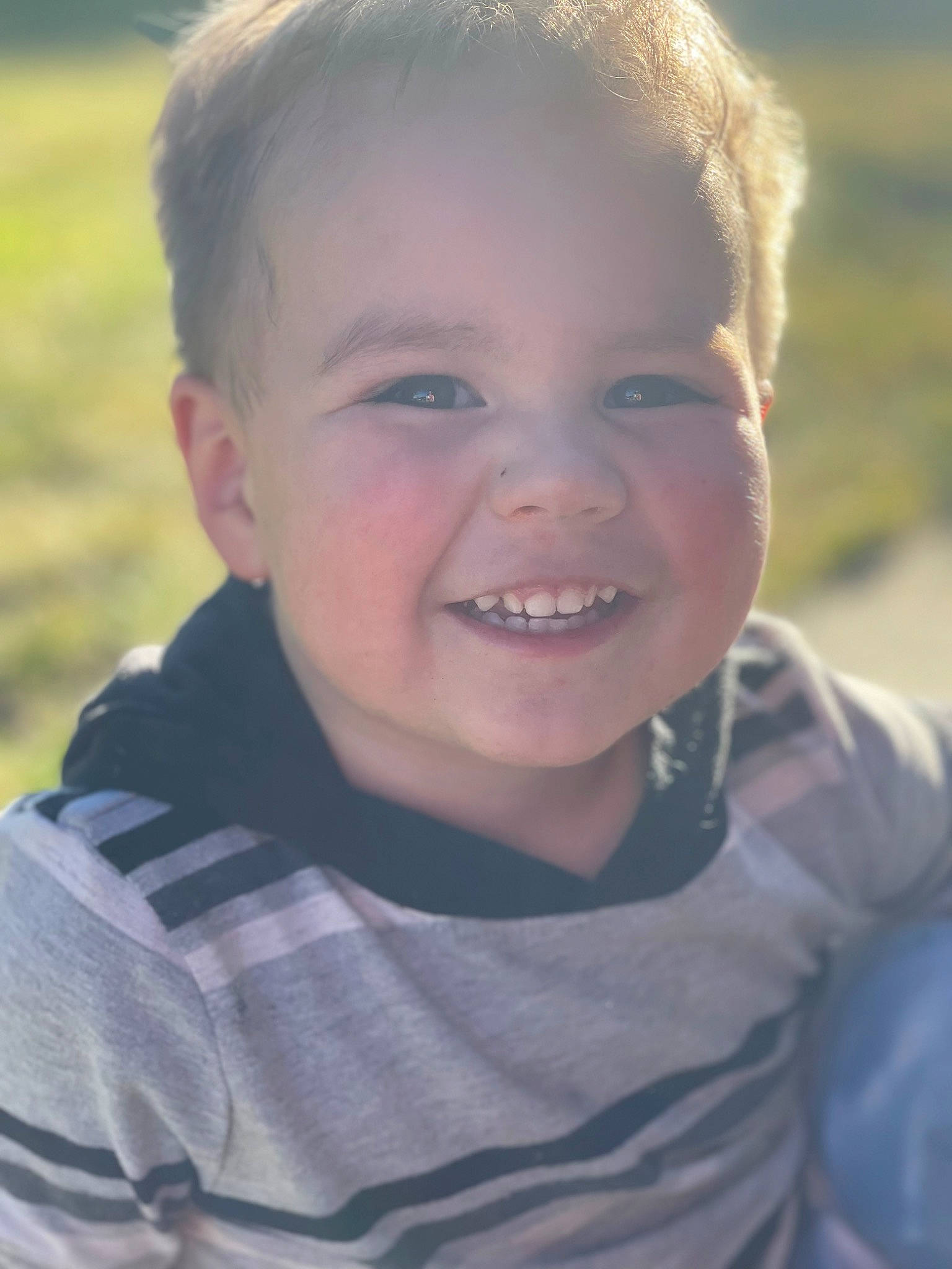 Gannon is registered to the contest to win money with this photo: cheek, chin, eye, eyebrow, grass, hairstyle, happy, head, iris, joy, lip, mouth, nose, people_in_nature, person, plant, skin, smile, standing, toddler