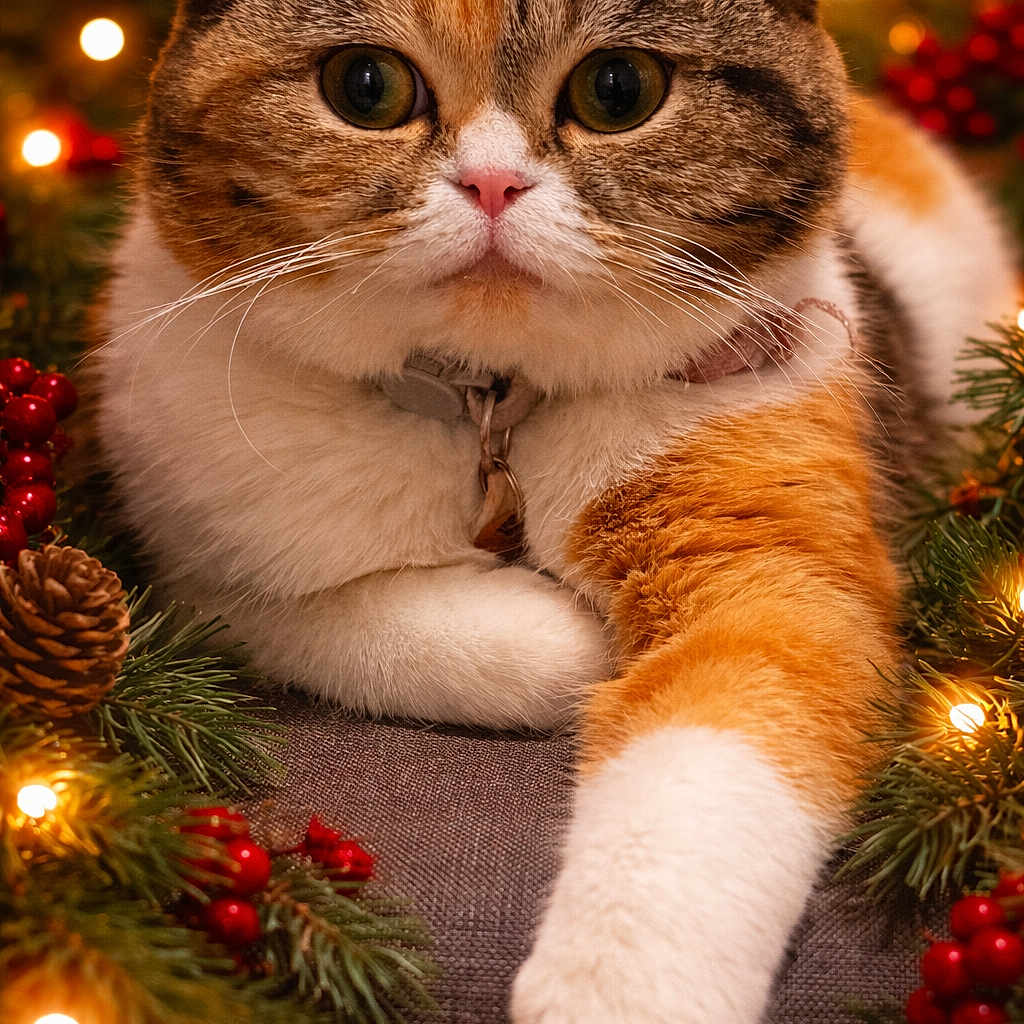 Luna is registered to the contest to win money with this photo: animal, berries, calico, cat, christmas, closeup, cozy, cute, decorations, festive, fluffy, greenery, holiday, indoor, lights, pet, pinecones, portrait, relaxed, whiskers