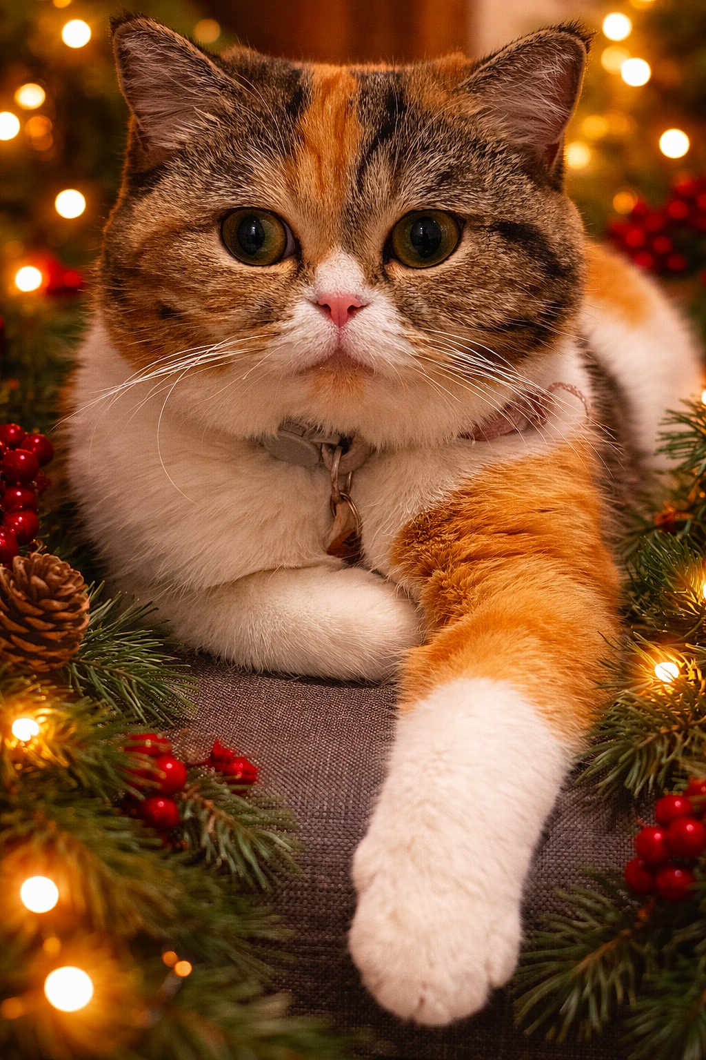 Luna is registered to the contest to win money with this photo: cat, calico, pet, animal, christmas, holiday, decorations, lights, greenery, pinecones, berries, festive, cute, fluffy, whiskers, closeup, cozy, indoor, relaxed, portrait