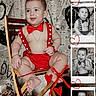Noah joined the competition — help win amazing prizes! baby, bare_feet, black_and_white, bow_tie, chair, child, collage, decorative_hearts, happy, heart_pattern, indoor, infant, newspaper_background, photographs, portrait, red_outfit, sitting, smiling, suspenders, vintage_style
