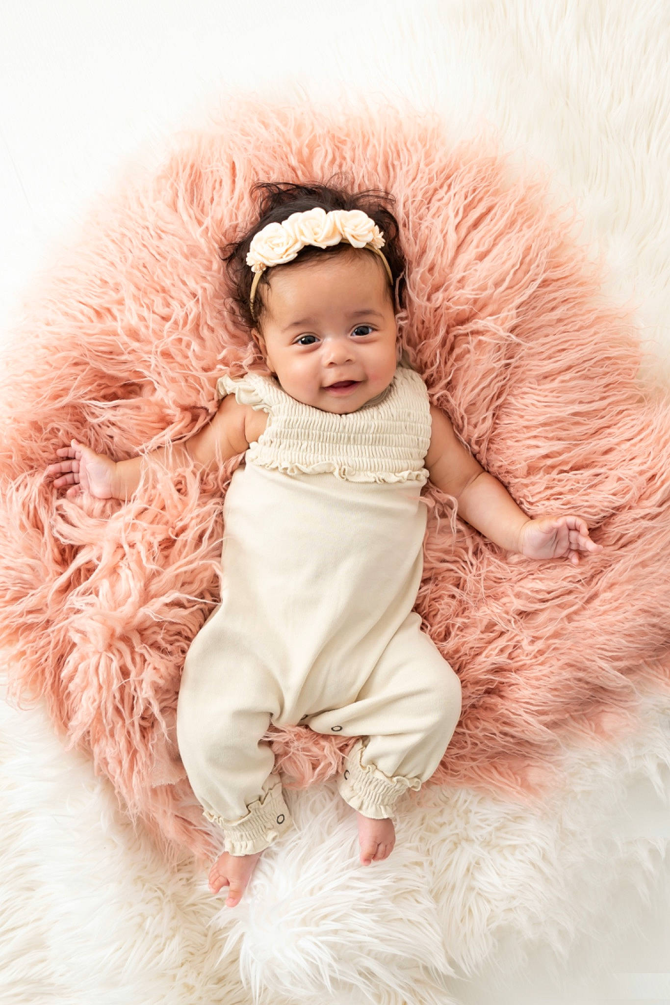 Gabrielle is registered to the contest to win money with this photo: baby, baby_toddler_clothing, clothing, dress, embellishment, eye, flash_photography, happy, head, headband, headgear, headpiece, iris, person, picture_frame, pink, skin, sleeve, smile, textile