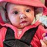 baby, child, hoodie, pink_clothing, black_harness, face, messy_face, milk, food, curious, indoor, infant, person, cute, closeup, expression, young_child, clothing, seatbelt, portrait