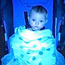 Lola is registered to the contest to win money with this photo: baby, child, blanket, polka_dot, stroller, face, infant, seated, indoor, blue_tint, clothing, person, young, cute, wrapped, portrait, baby_carriage, head, young_child, infancy