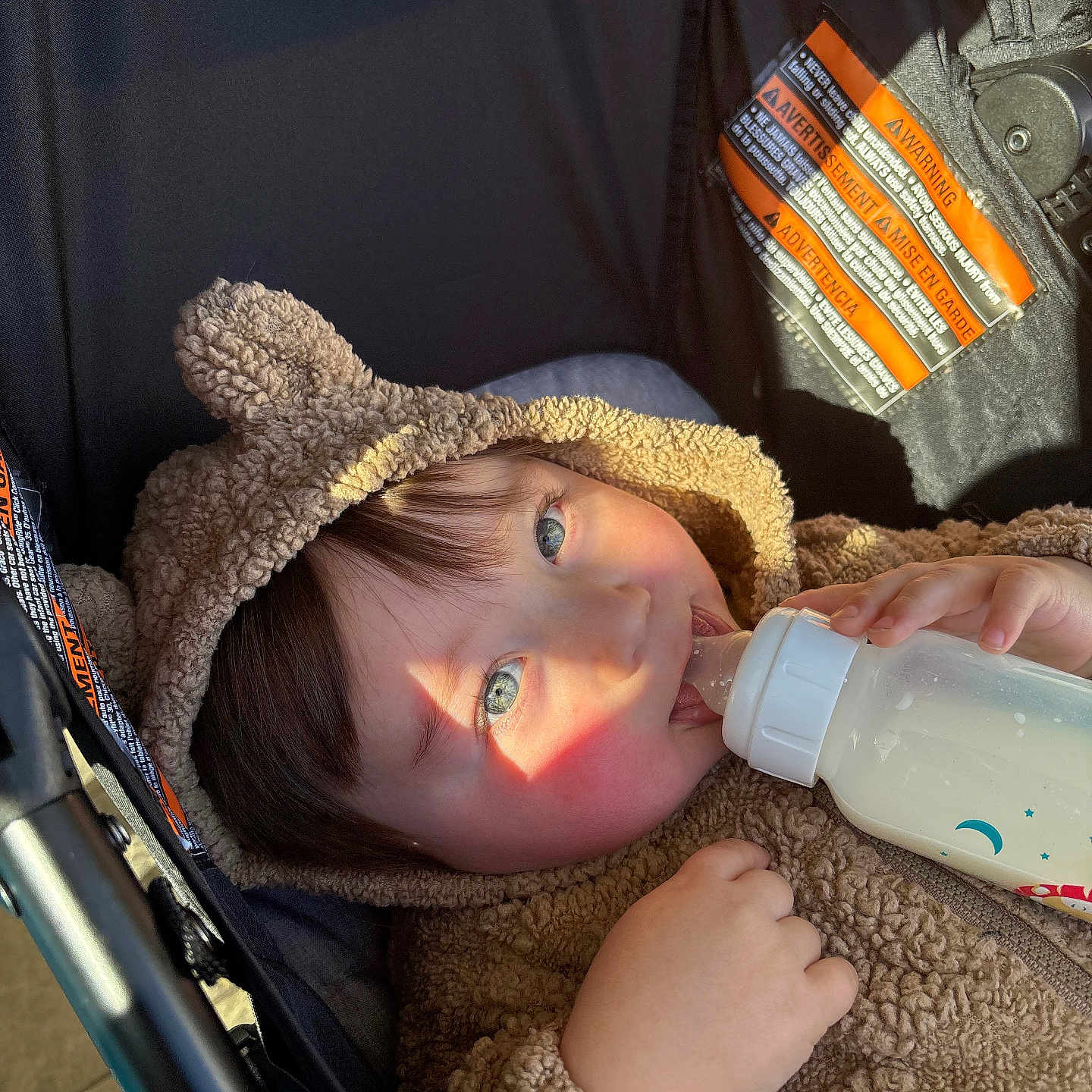 Ethan Carrillo joined the competition — help win amazing prizes! baby, baby_bottle, blue_eyes, bottle, child, clothing, cozy, cute, face, fuzzy_clothing, hand, hoodie, infant, milk, outdoor, portrait, resting, stroller, sunlight, warm_light