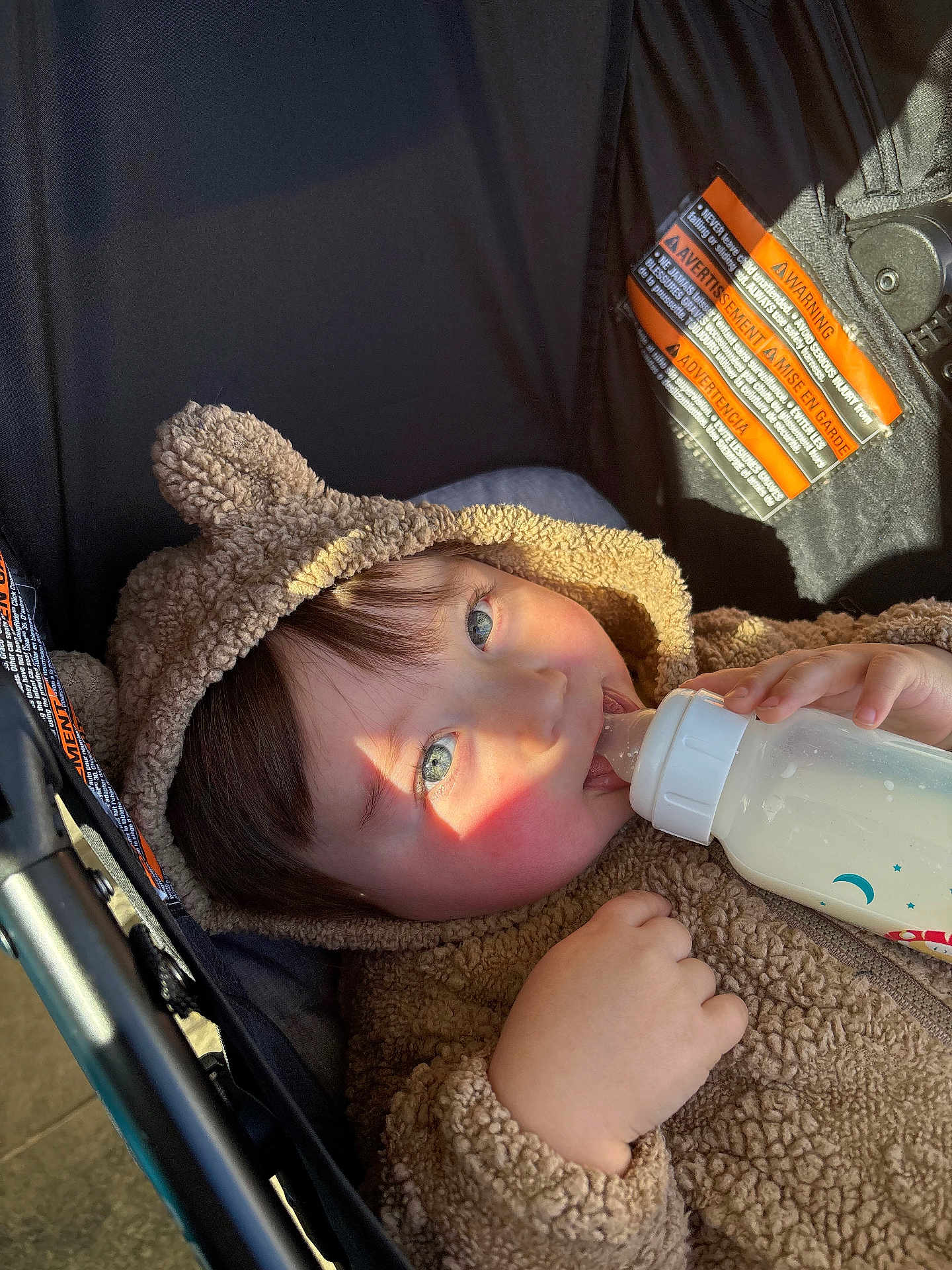 Ethan Carrillo joined the competition — help win amazing prizes! baby, bottle, milk, stroller, hoodie, fuzzy_clothing, child, face, hand, sunlight, blue_eyes, cute, cozy, infant, portrait, warm_light, clothing, baby_bottle, outdoor, resting
