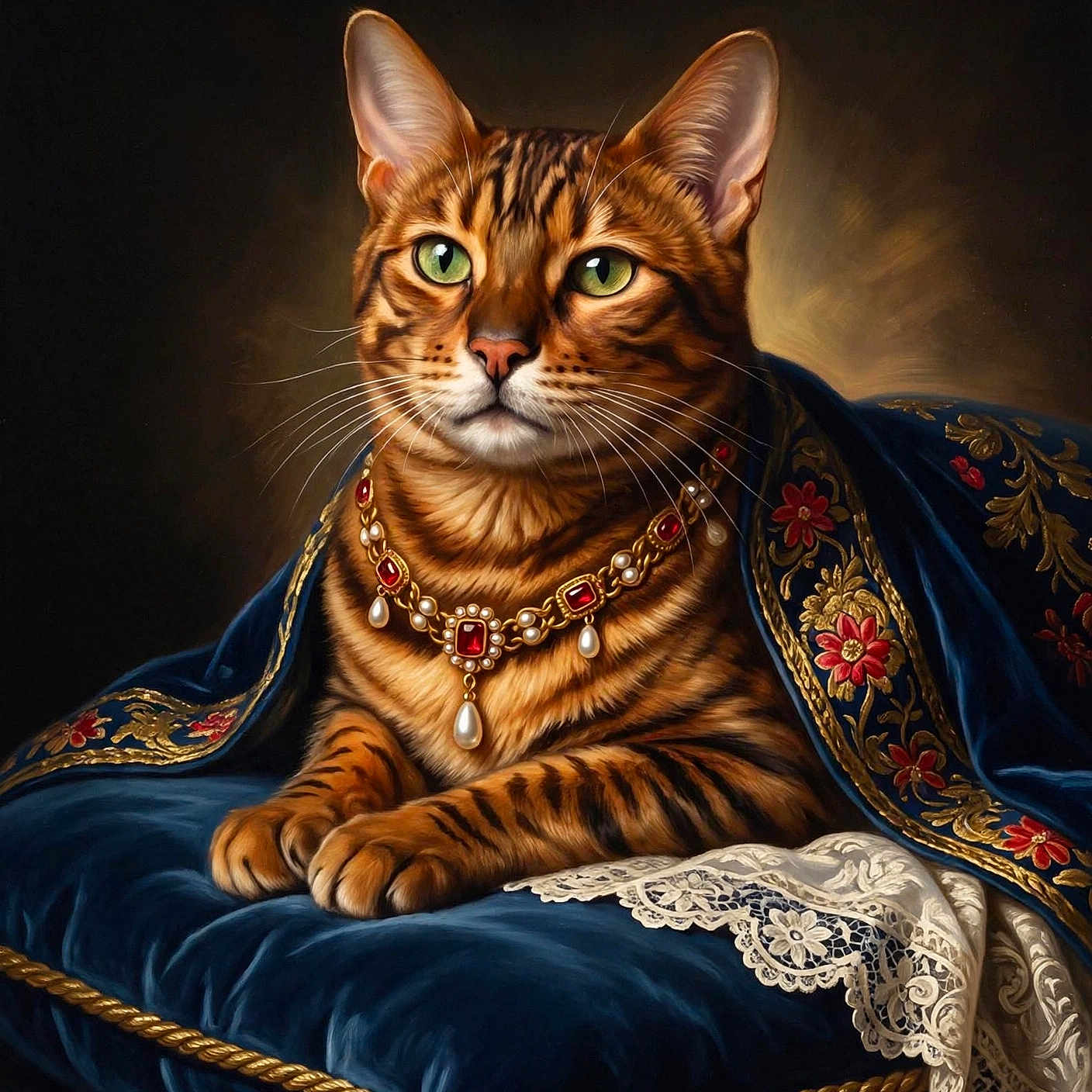 Tonka is registered to the contest to win money with this photo: cat, tabby_cat, animal, portrait, ornate_jewelry, necklace, cape, velvet, blue_fabric, floral_pattern, lace, cushion, luxury, regal, royal, indoor, dark_background, green_eyes, striped_fur, digital_art