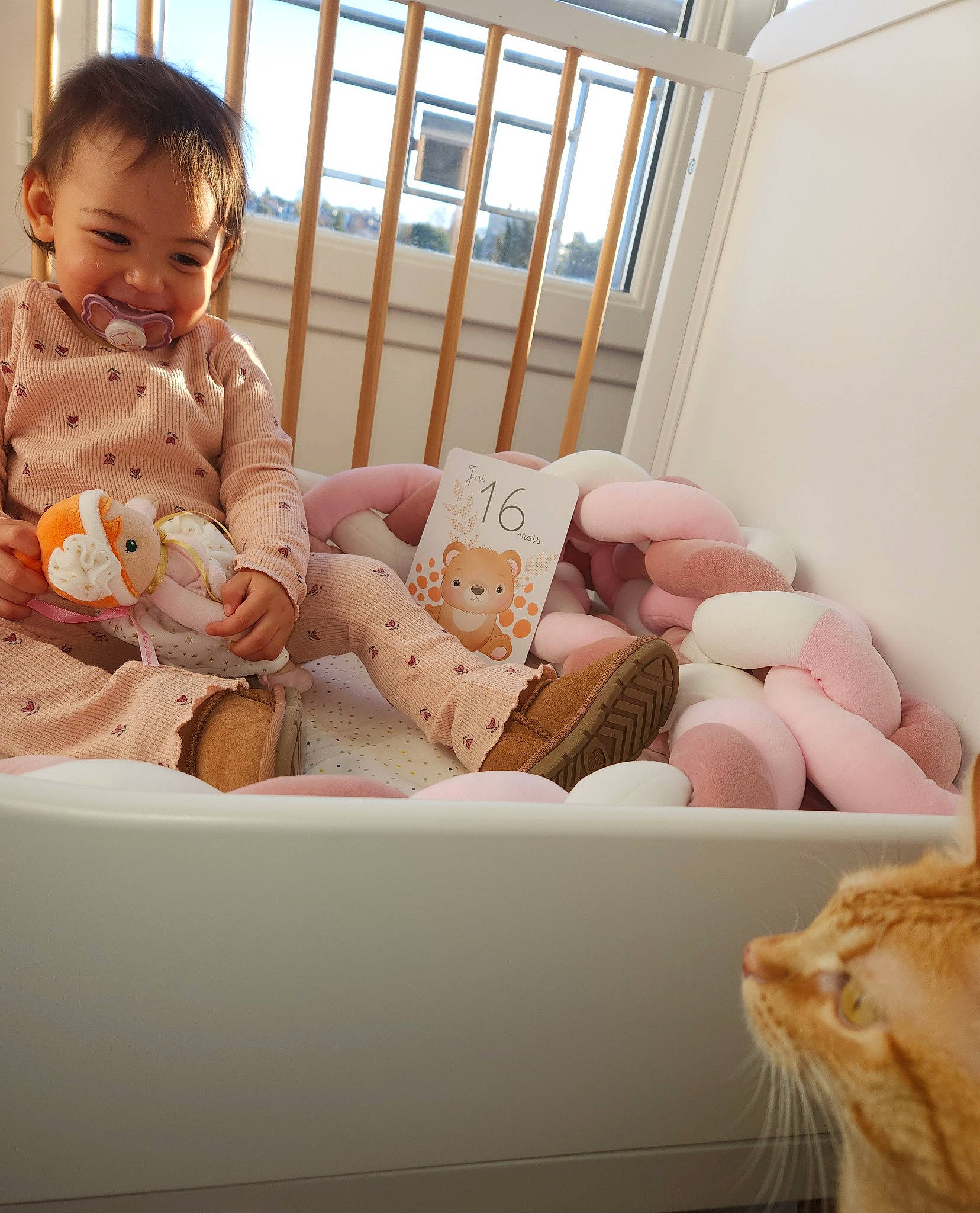 Amélia a rejoint le concours — aidez-le/la à gagner de superbes lots ! baby_toddler_clothing, cat, child, comfort, couch, flooring, happy, human_leg, joy, leg, linens, living_room, mammal, person, pillow, sitting, sleeve, stuffed_toy, thigh, throw_pillow