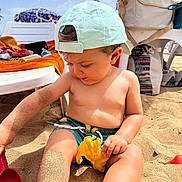Lyam participe au concours pour gagner de l'argent avec cette photo : toddler, child, beach, sand, toy, cap, sunny, outdoor, summer, play, vacation, bare_chest, sitting, sand_toy, umbrella, bag, foot, arm, chair, towel