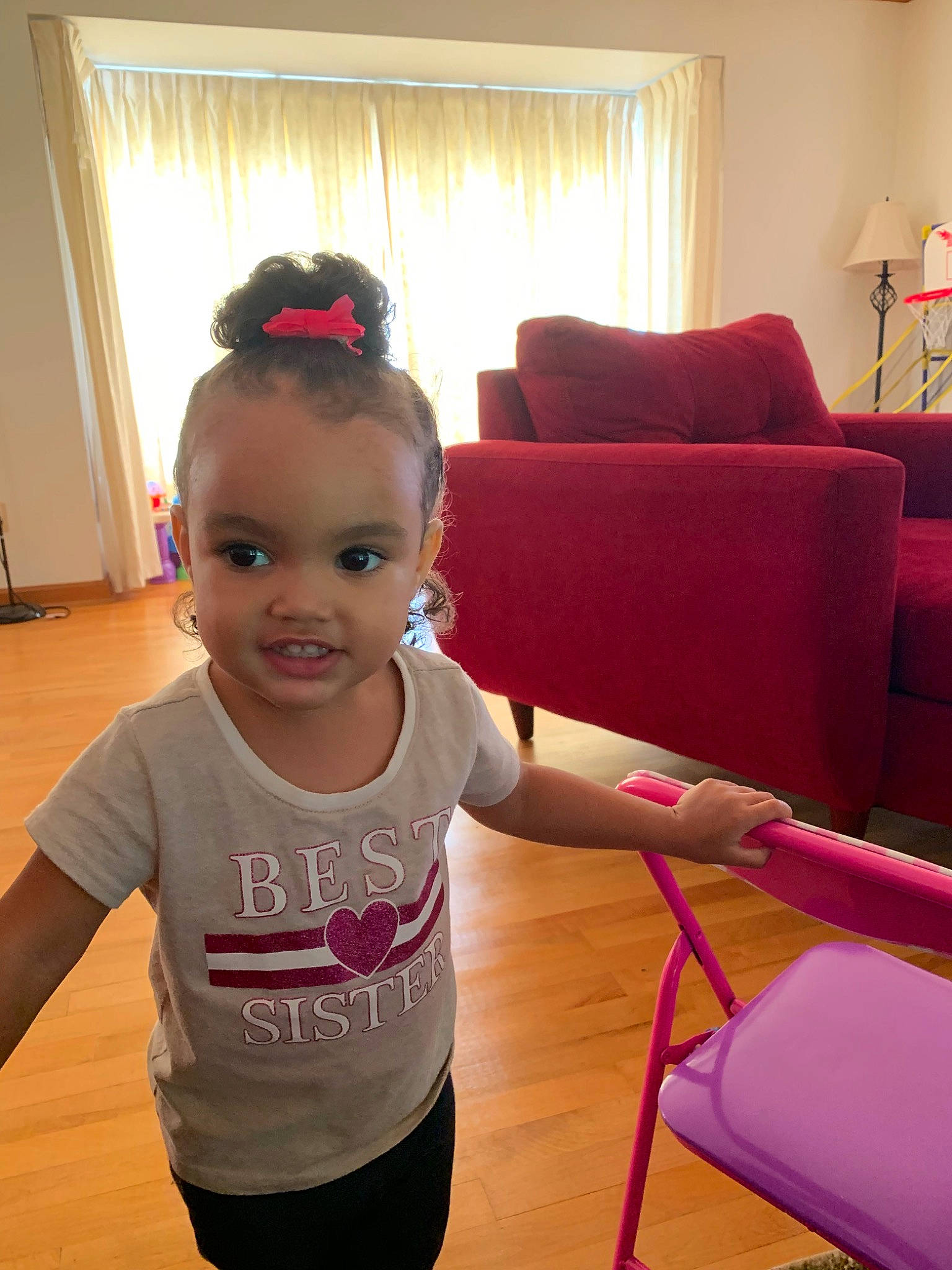 Abbigail joined the competition — help win amazing prizes! arm, child, person, pink, room, shoulder, toddler