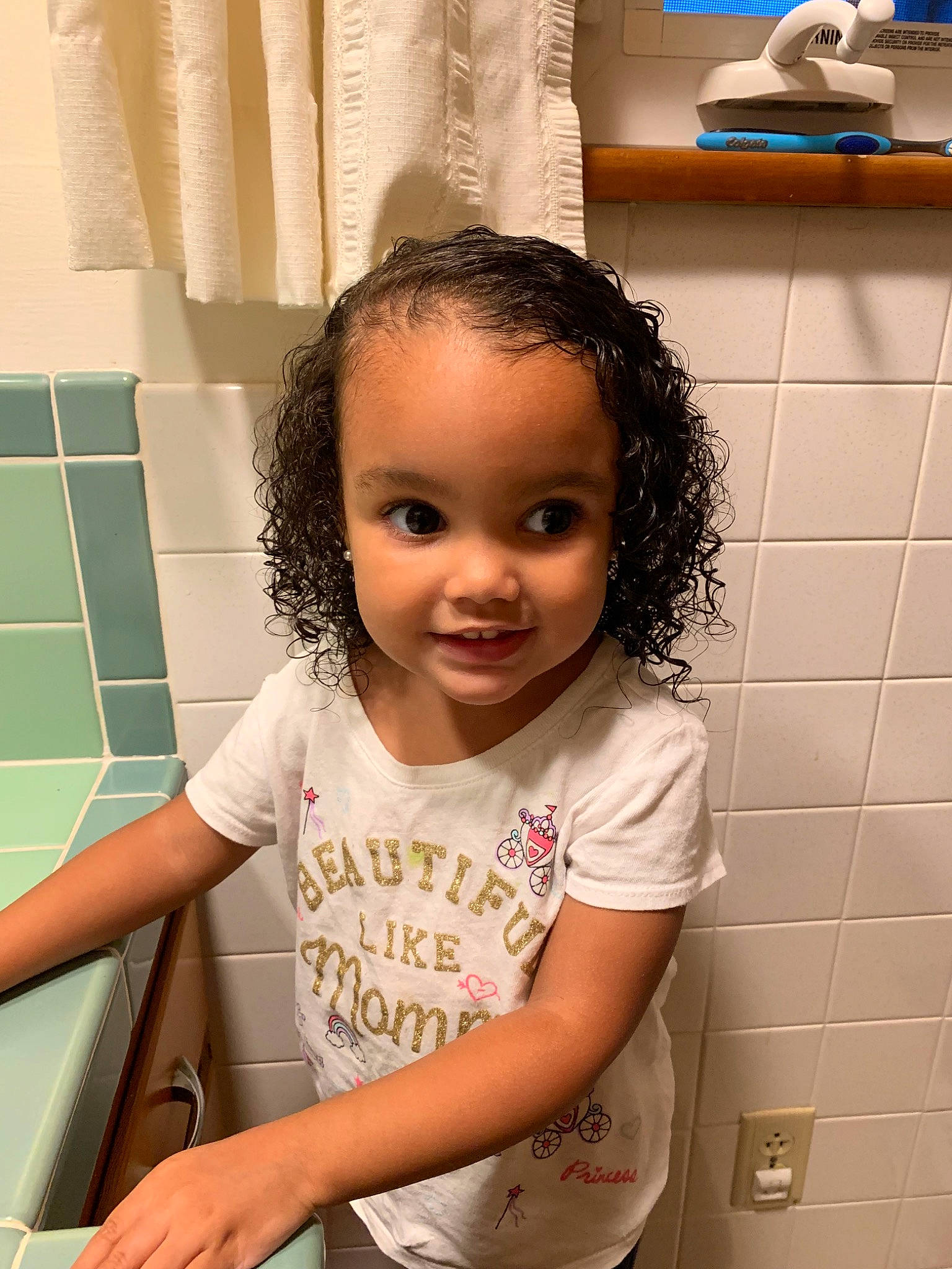 Abbigail is registered to the contest to win money with this photo: baby, bathroom, cheek, child, daughter, face, forehead, hair, hairstyle, happy, person, room, skin, smile, toddler