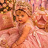 baby, bracelet, carriage, castle, child, cute, decorations, fairy_tale, headband, indoor, jewelry, pink_dress, pink_rug, portrait, princess, scepter, smiling, soft_lighting, sparkle, tiara