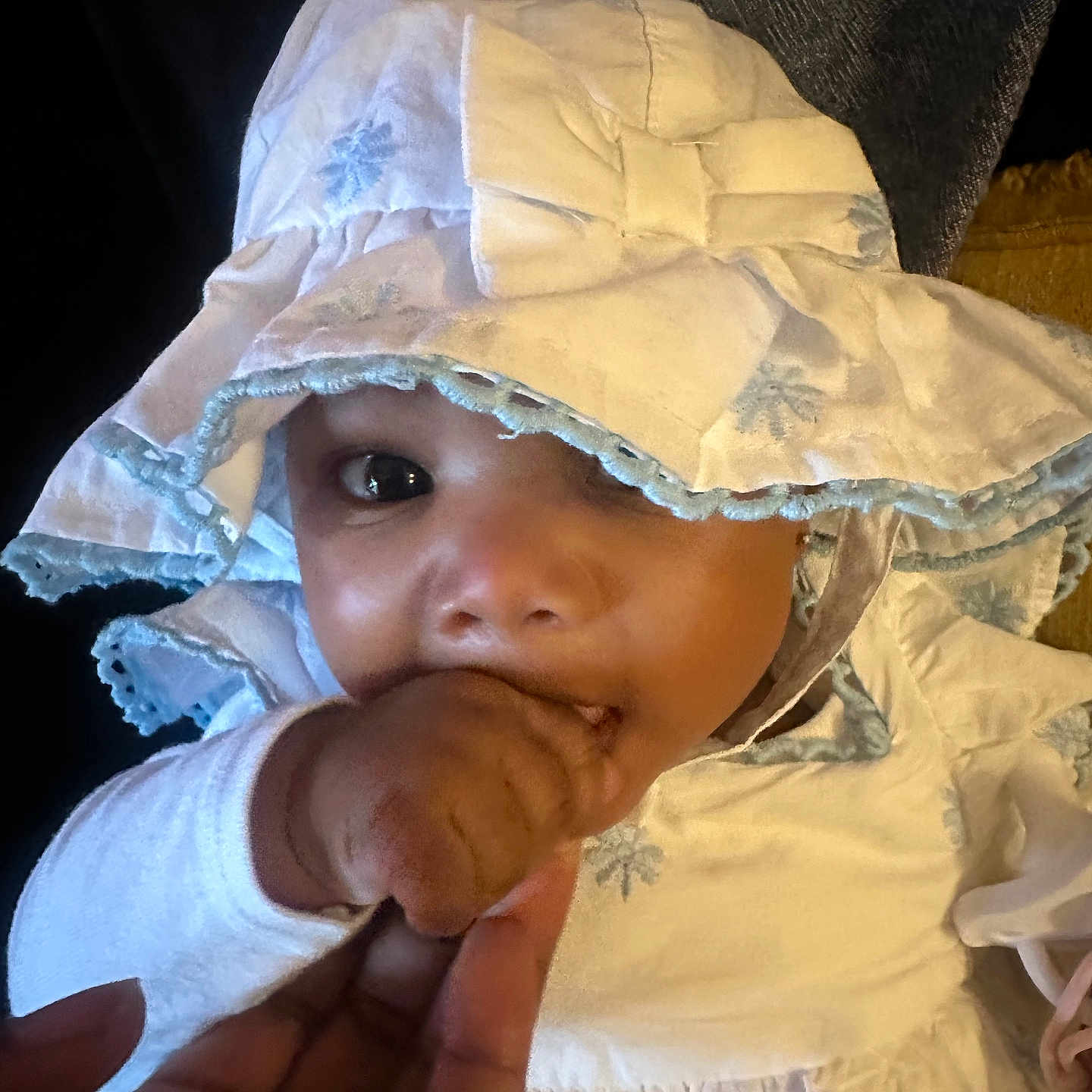 Ember joined the competition — help win amazing prizes! baby, blue, bonnet, child, closeup, clothing, cute, embroidery, fabric, face, fingers, hand, indoor, infant, person, portrait, skin, soft, support, white