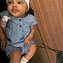 baby, child, infant, blue_dress, headband, socks, polka_dot, indoor, carpet, floor, person, cute, young_child, portrait, seated, furniture, home, skin, hand, footwear