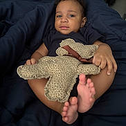 Luca joined the competition — help win amazing prizes! toddler, child, toy, teddy_bear, blanket, indoor, feet, clothing, person, bedroom, comfort, relaxation, cute, infant, soft_toy, portrait, young_child, lying_down, casual, home