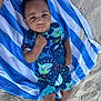 toddler, child, beach, sand, towel, swimsuit, blue, white, striped, person, outdoor, summer, cute, clothing, sea_life_pattern, barefoot, relaxing, portrait, skin, vacation