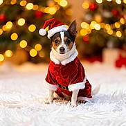 Daisy joined the competition — help win amazing prizes! dog, christmas, holiday, santa_claus, costume, festive, decorations, lights, tree, cute, pet, fur, animal, winter, seasonal, celebration, white, red, background, portrait
