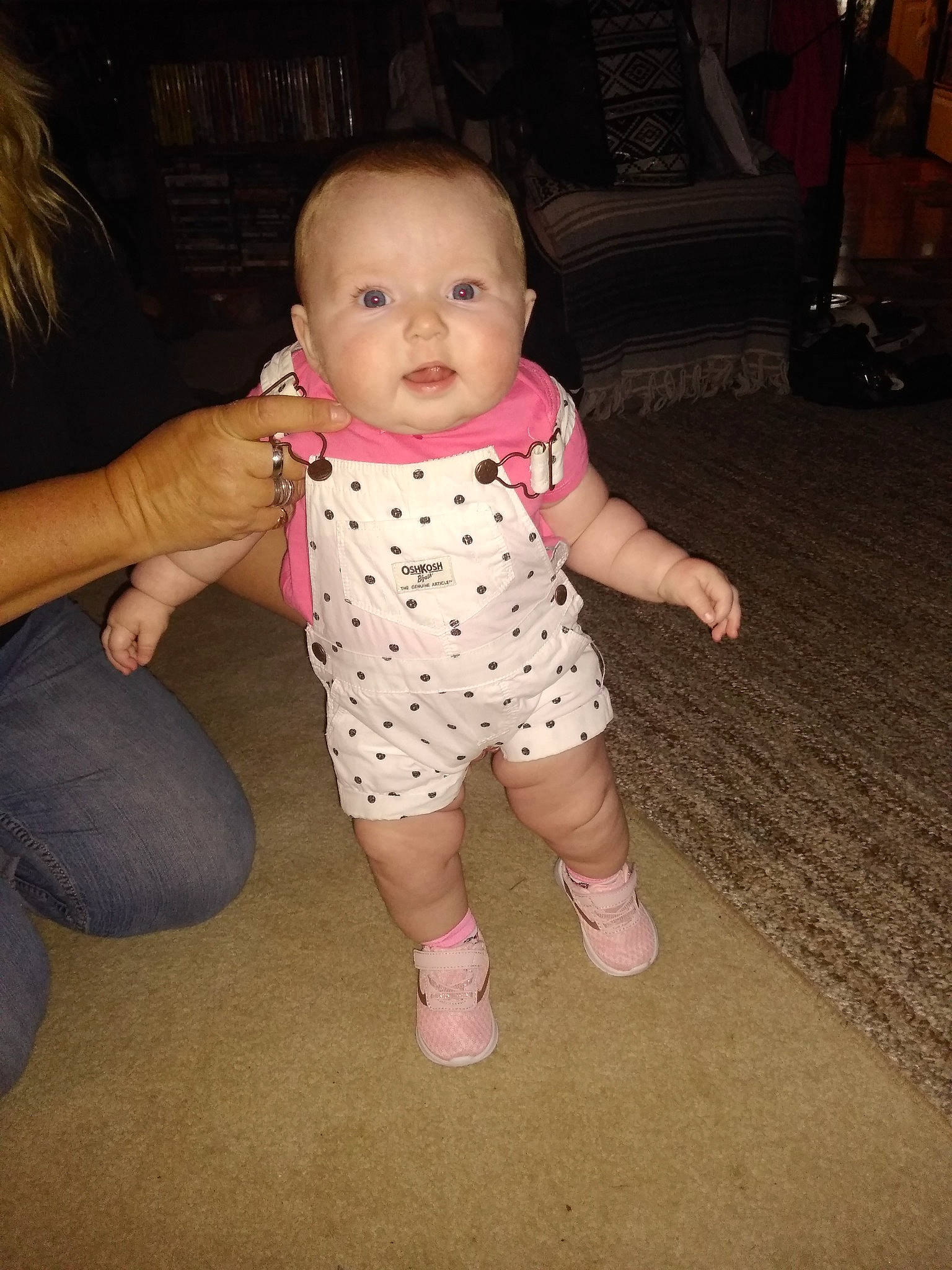 Harlynn is registered to the contest to win money with this photo: baby, cheek, child, leg, pattern, person, pink, skin, smile, toddler