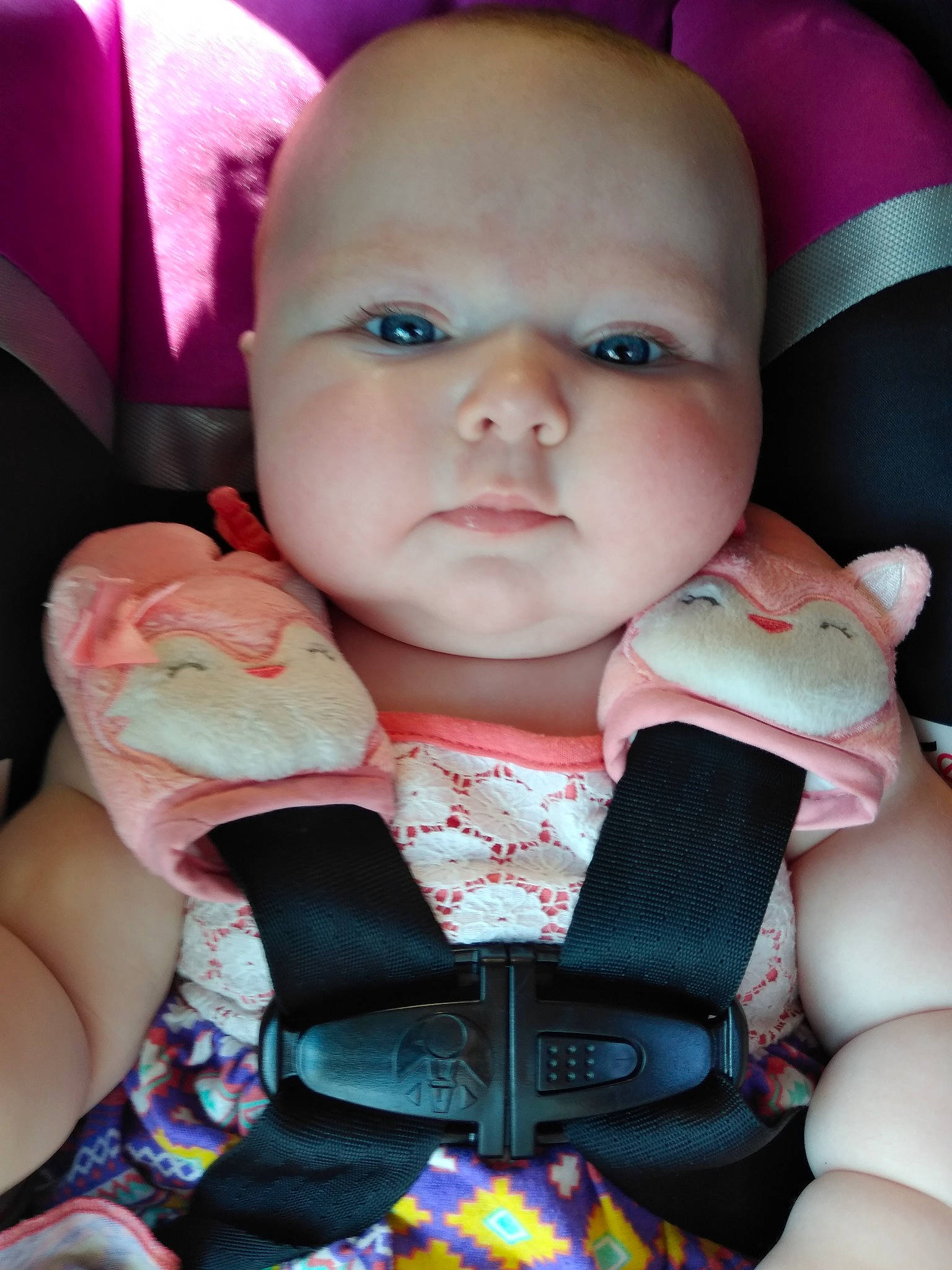 Harlynn is registered to the contest to win money with this photo: baby, baby_in_car_seat, beauty, car_seat, cheek, child, eye, face, finger, head, iris, lip, mouth, neck, nose, person, pink, sitting, skin, toddler