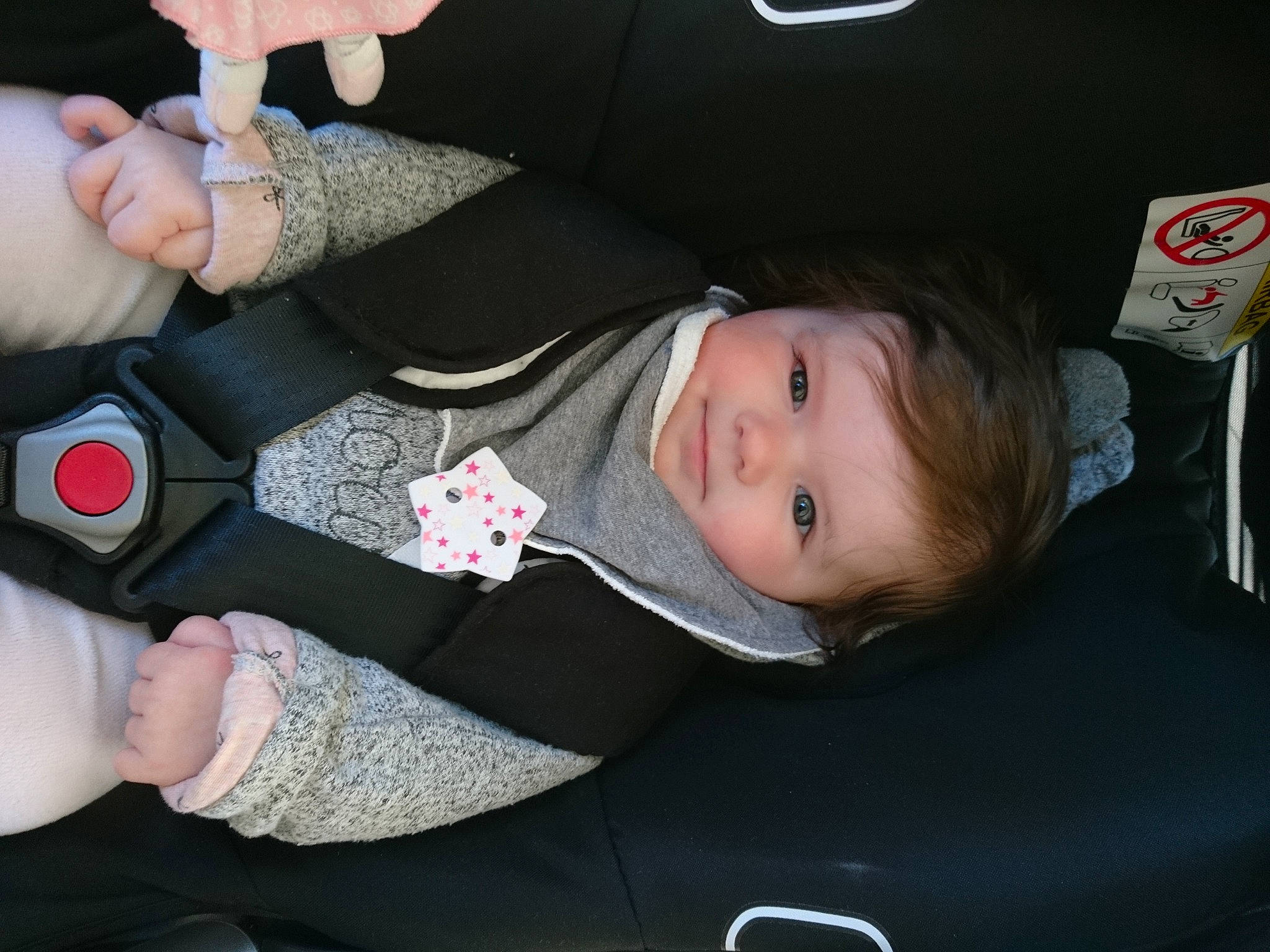 Chloé participe au concours pour gagner de l'argent avec cette photo : auto_part, baby, baby_carriage, baby_products, baby_toddler_clothing, car_seat, carmine, child, comfort, gesture, human_leg, nail, pattern, person, sleeve, thumb, toddler, wrist