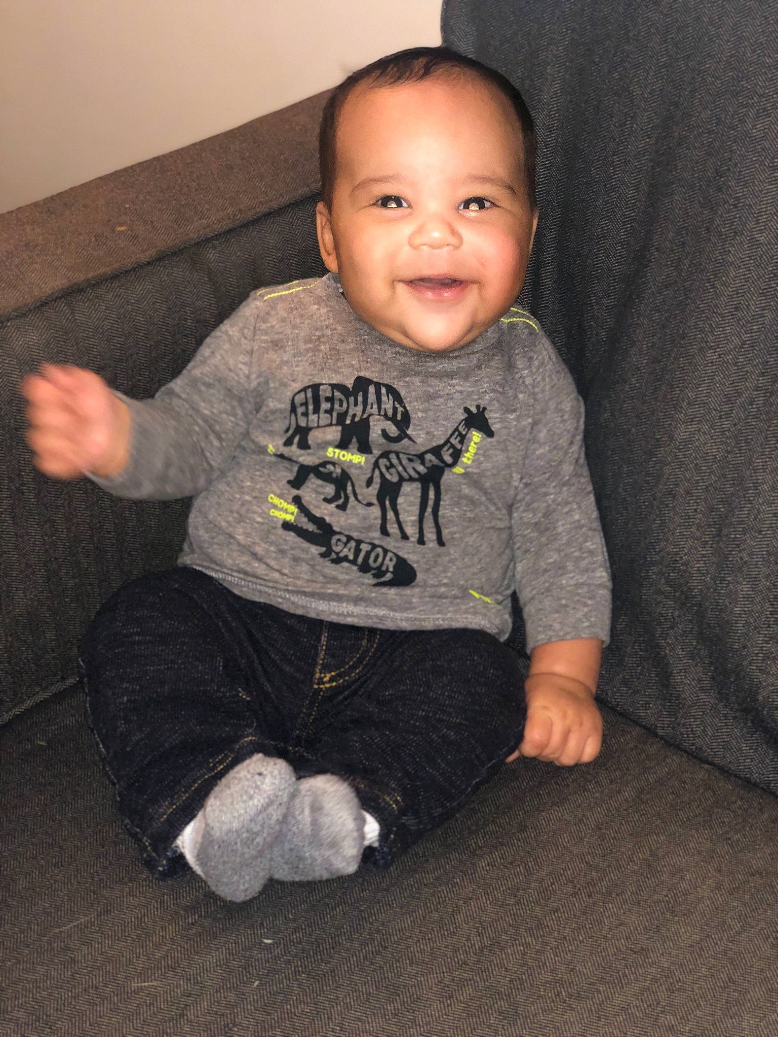 Tristen joined the competition — help win amazing prizes! arm, black, boy, child, cool, day, eye, facial_expression, fun, infant, mammal, person, product, sitting, skin, smile, standing, t_shirt, textile, toddler