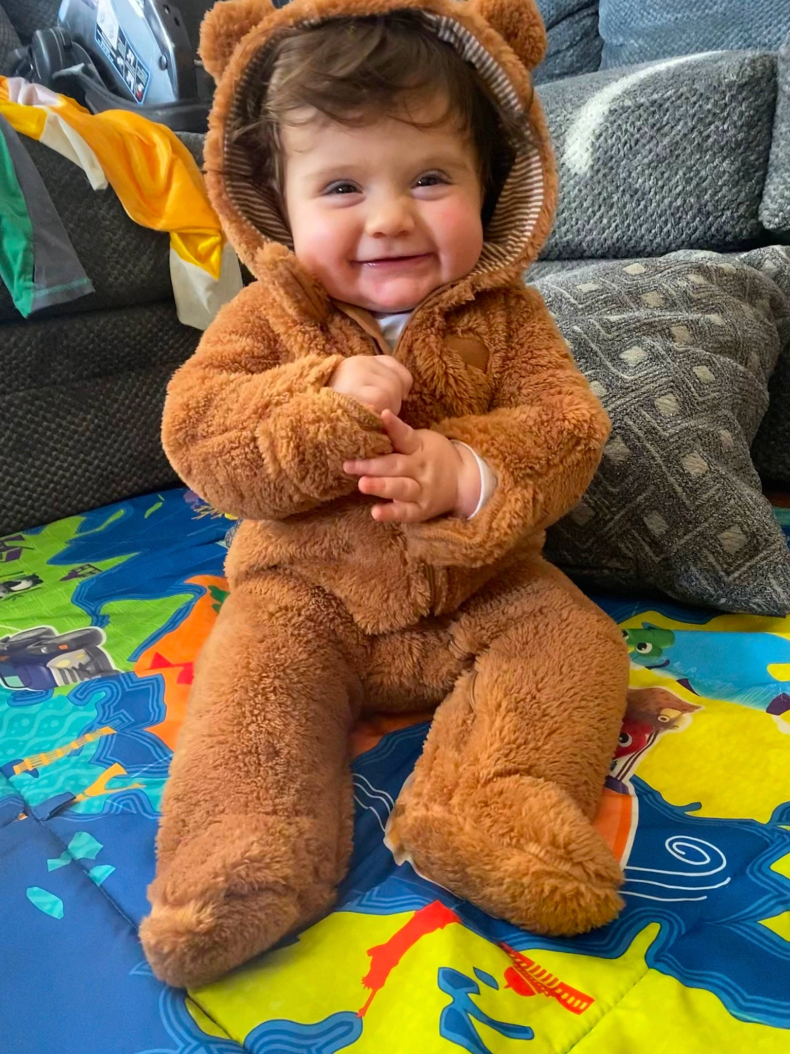 Brycen joined the competition — help win amazing prizes! baby, child, flooring, fun, fur, happy, joy, leisure, mammal, person, play, plush, sitting, skin, smile, stuffed_toy, teddy_bear, thigh, thumb, toddler
