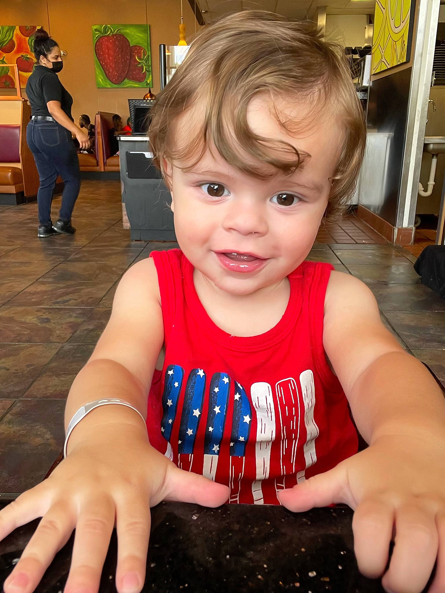 Benton Derek is registered to the contest to win money with this photo: baby_toddler_clothing, cheek, finger, flooring, fun, gesture, hair, happy, head, mammal, person, product, skin, sleeve, smile, snapshot, standing, summer, t_shirt, thumb