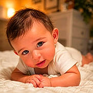Ezekiel is registered to the contest to win money with this photo: baby, child, infant, portrait, face, eyes, smiling, happy, lying_down, bed, blanket, white_clothing, arms, hands, hair, indoor, home, warm_lighting, close_up, photography