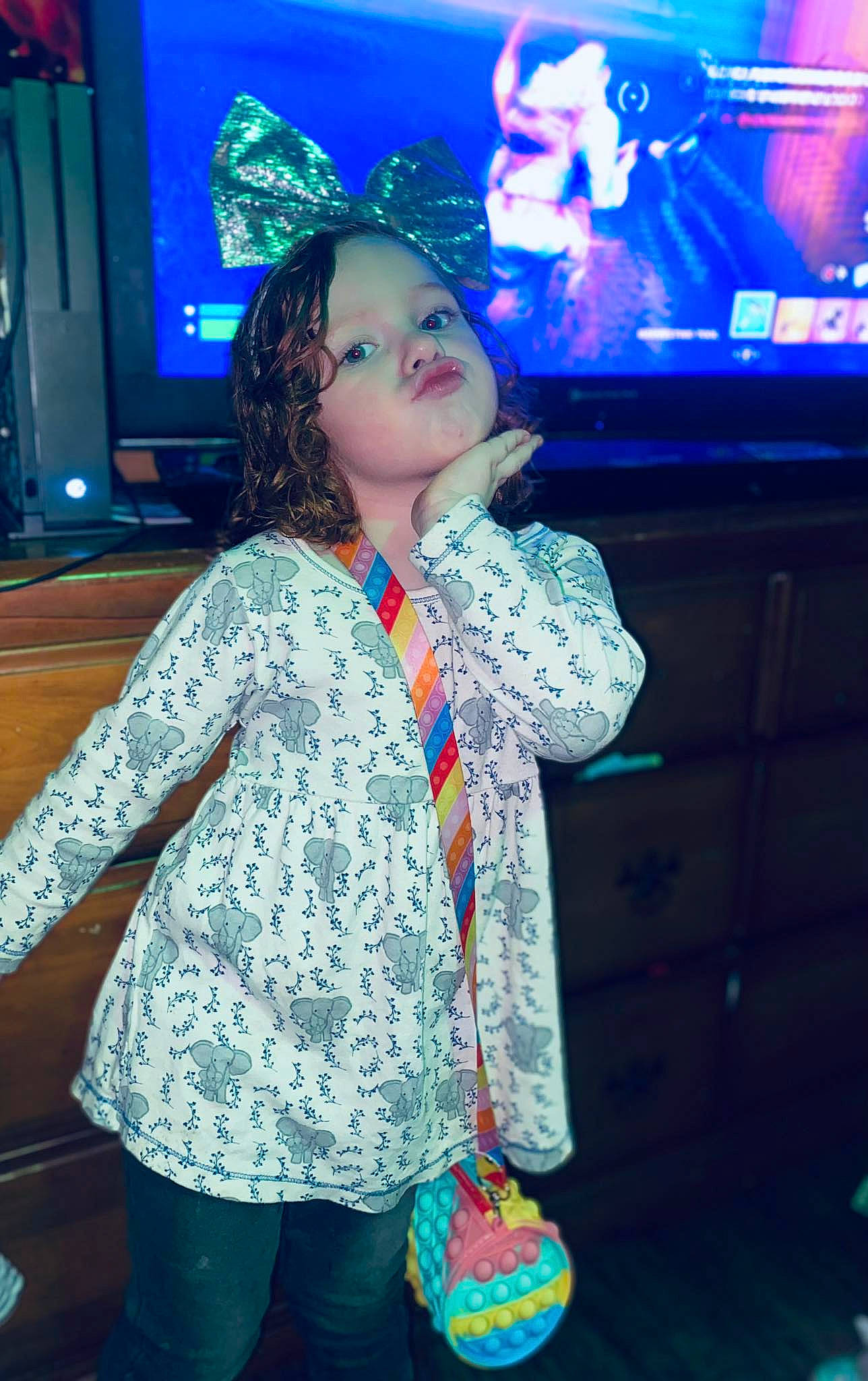 Violet joined the competition — help win amazing prizes! audio_equipment, blue, child, display_device, electric_blue, entertainment, event, fashion_design, fun, leisure, lighting, magenta, pattern, person, purple, room, sleeve, standing, television, toddler