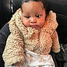Ace joined the competition — help win amazing prizes! baby, child, infant, portrait, face, eyes, serious_expression, car, car_seat, jacket, fleece, blanket, patterned_clothing, brown, cream, sitting, indoors, close_up, photography, safe