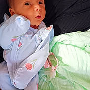 Kai joined the competition — help win amazing prizes! baby, infant, onesie, floral_pattern, blanket, pacifier, soft_toys, clothing, cute, face, portrait, newborn, indoors, baby_girl, expression, lying_down, comfort, child, human, skin
