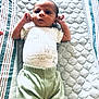 Legend joined the competition — help win amazing prizes! baby, infant, child, quilted_mat, striped_fabric, clothing, green_pants, white_top, animal_prints, lying_down, curious_expression, soft_textures, indoors, person, small_hands, head, face, newborn, cozy, comfortable