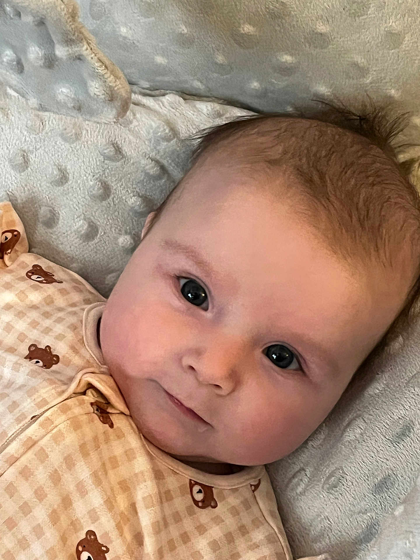 Calleigh is registered to the contest to win money with this photo: baby, infant, face, eyes, smile, clothing, bear_pattern, blanket, texture, soft_light, closeup, cute, portrait, child, newborn, skin, head, lying_down, cozy, indoors