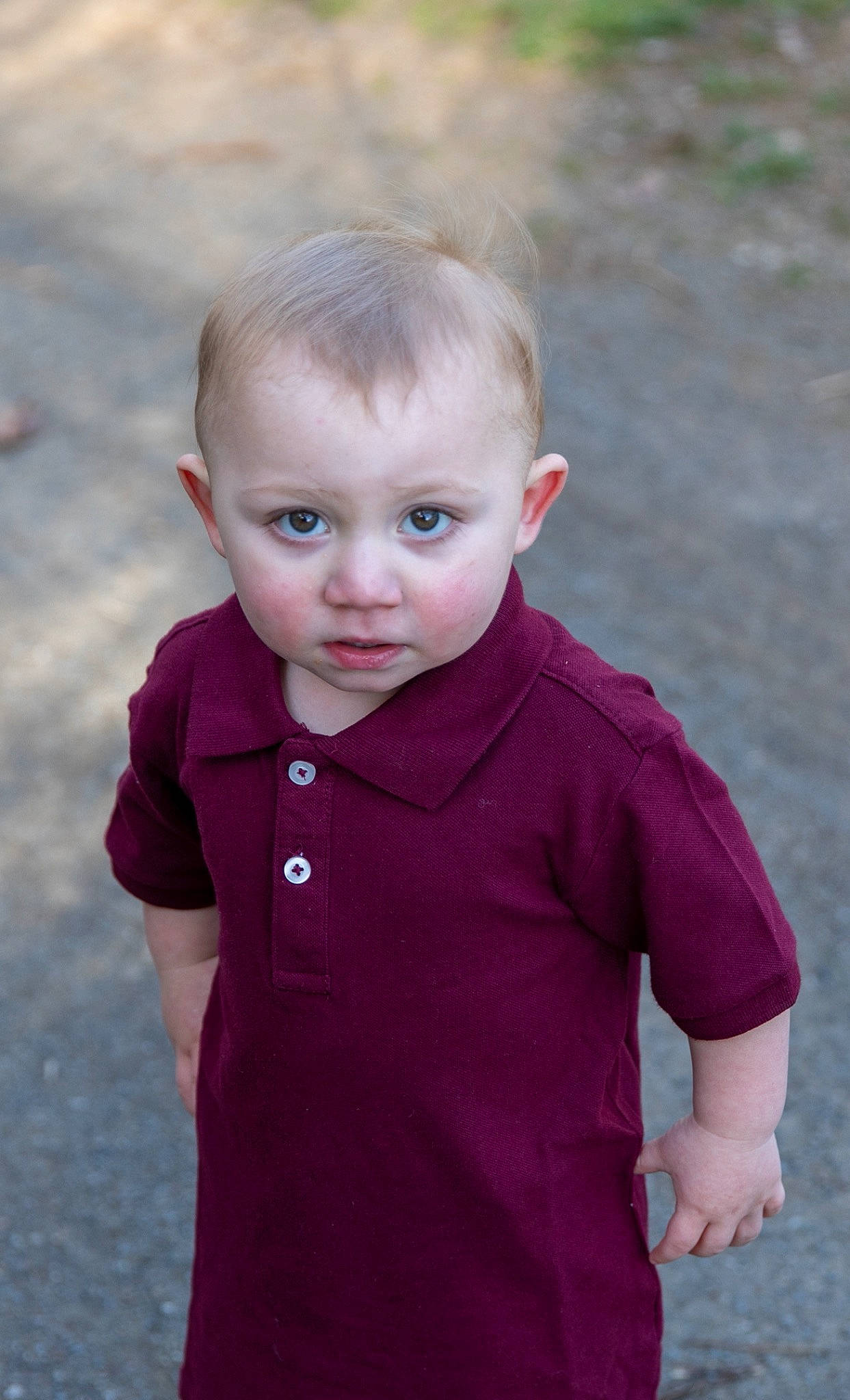 Freddrick is registered to the contest to win money with this photo: baby, baby_toddler_clothing, child, clothing, collar, dress_shirt, eye, grass, happy, human_body, lip, magenta, pattern, people_in_nature, person, plant, portrait_photography, sleeve, t_shirt, toddler