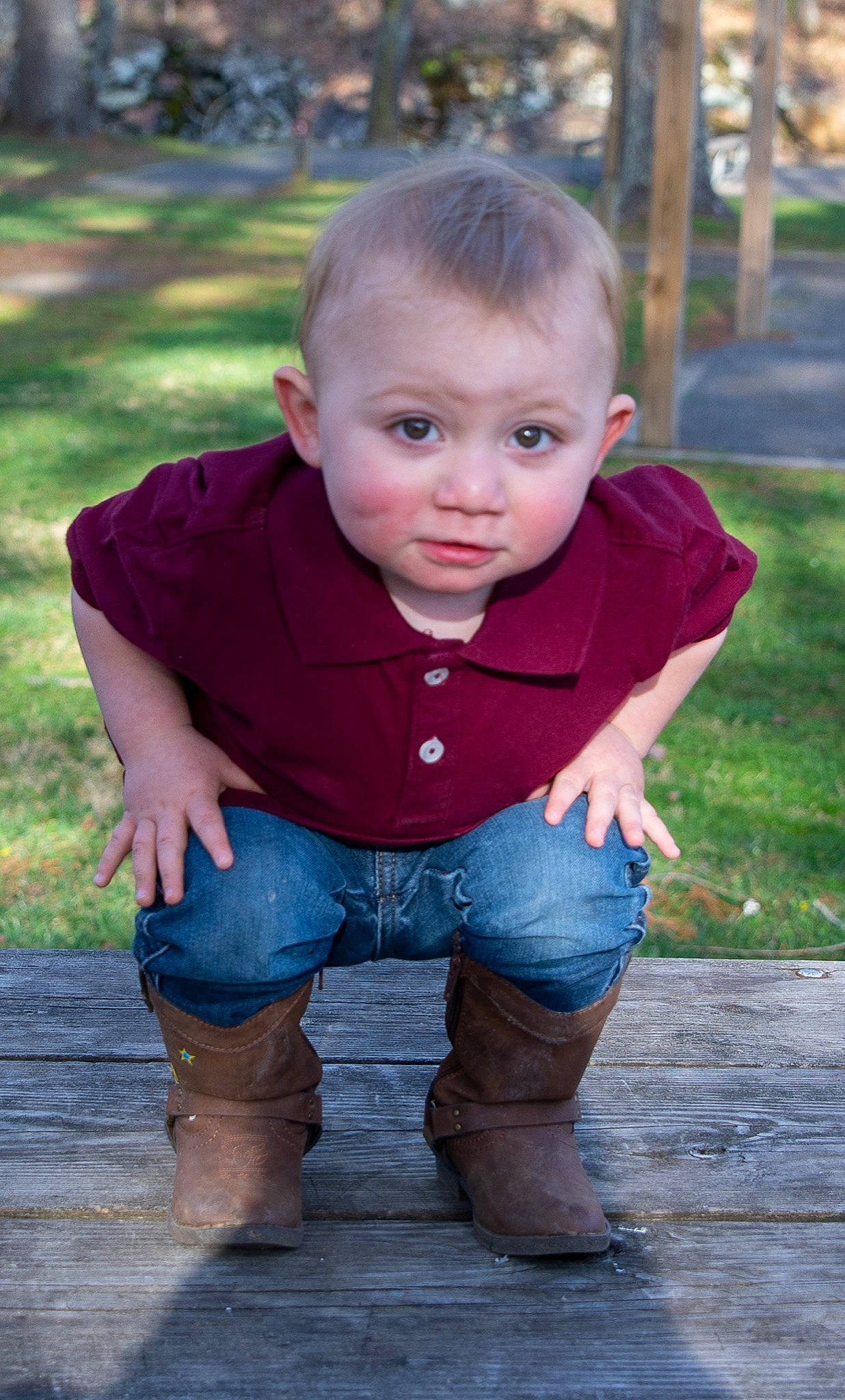 Freddrick joined the competition — help win amazing prizes! baby_toddler_clothing, dress, facial_expression, flash_photography, grass, happy, head, human, jeans, lip, outerwear, people_in_nature, person, plant, shoe, skin, sleeve, smile, standing, tree