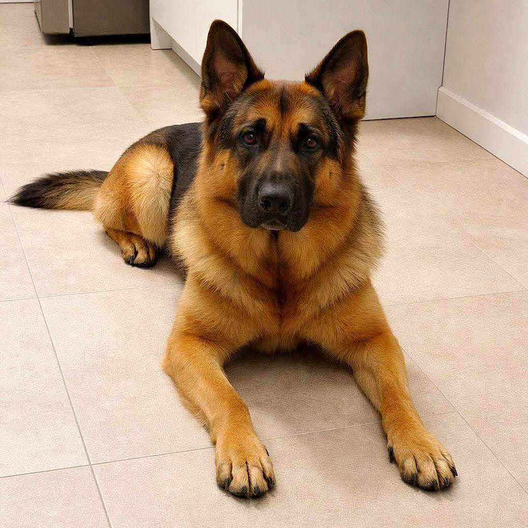 Rex participe au concours pour gagner de l'argent avec cette photo : dog, german_shepherd, canine, pet, lying_down, indoors, kitchen, tile_floor, brown_fur, black_and_tan, pointed_ears, long_tail, front_paws, looking_at_camera, portrait, home, cabinet, floor, funny, text_overlay