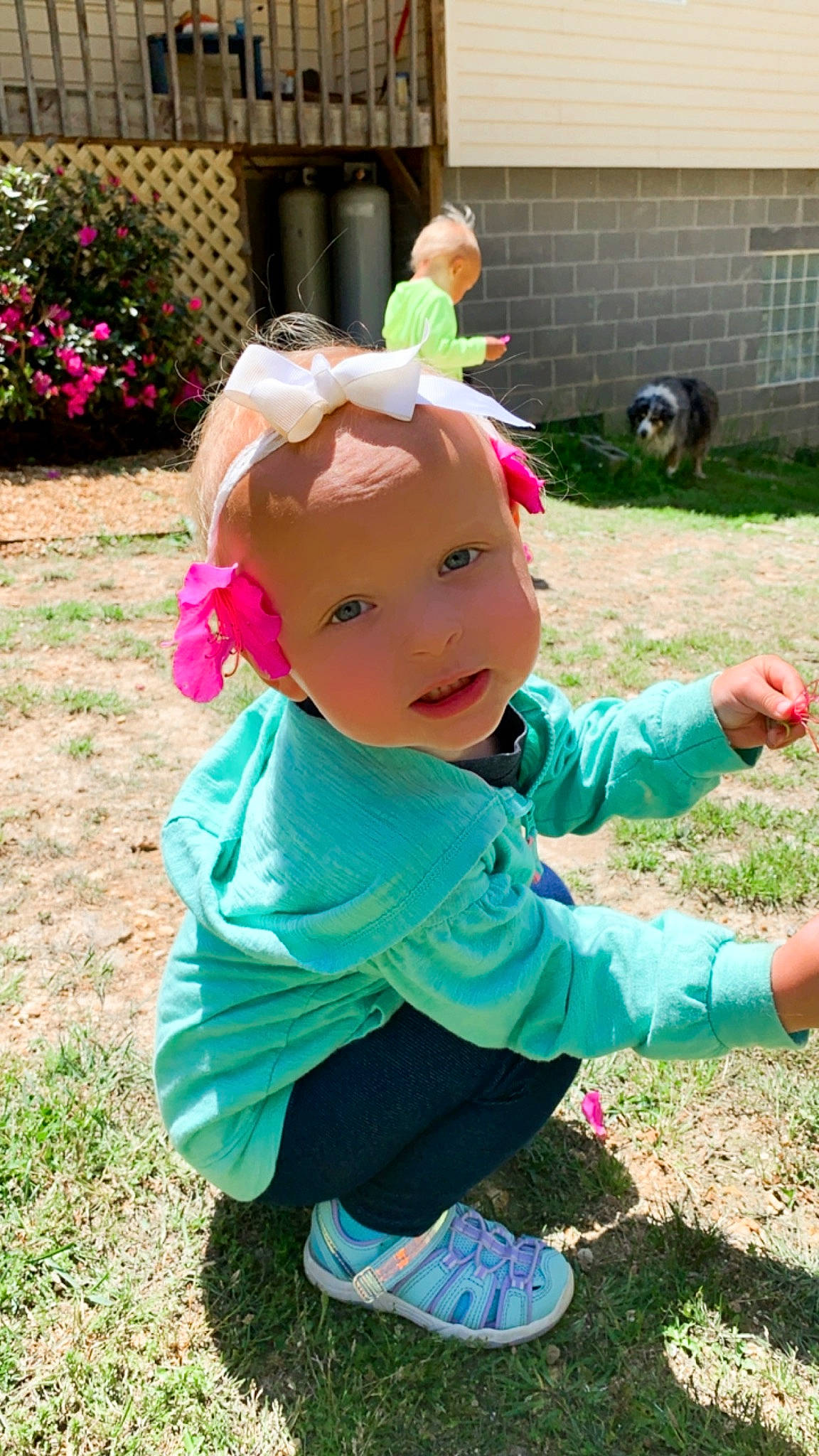 Bristol joined the competition — help win amazing prizes! baby_toddler_clothing, child, clothing, flower, fun, garden, grass, green, happy, headwear, lawn, leisure, magenta, person, pink, plant, recreation, shoe, sitting, sneakers