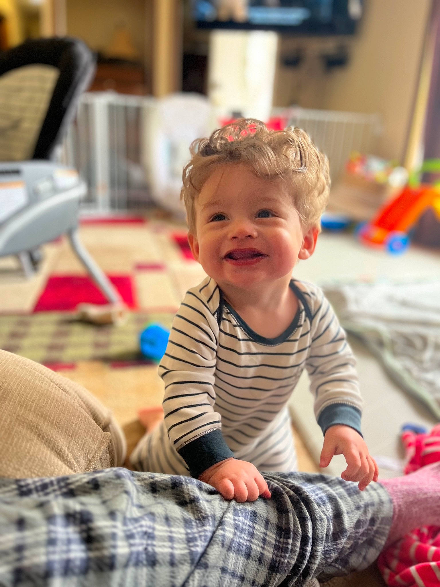 Kaleb joined the competition — help win amazing prizes! baby, baby_toddler_clothing, cheek, child, comfort, eye, flooring, fun, happy, joy, pattern, person, plaid, red, room, sitting, skin, sleeve, smile, tartan