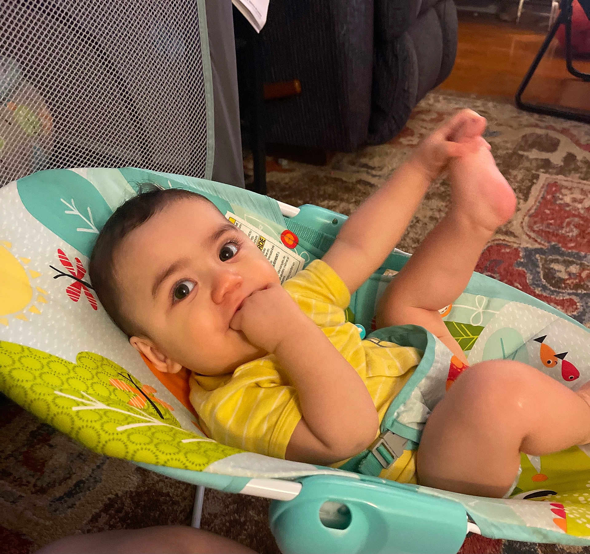 Adler is registered to the contest to win money with this photo: baby, infant, child, yellow_shirt, baby_seat, hand_in_mouth, foot_in_air, indoor, carpet, furniture, curly_hair, playful, cute, seatbelt, colorful, patterned_rug, comfortable, happy, young_child, portrait