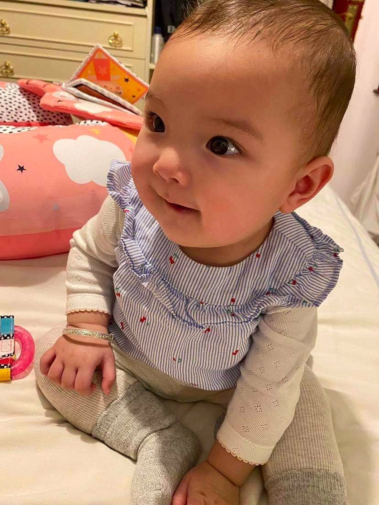 Ella-mai joined the competition — help win amazing prizes! baby, baby_products, baby_toddler_clothing, buzz_cut, cheek, child, ear, foot, linens, person, skin, sock, stuffed_toy, toddler