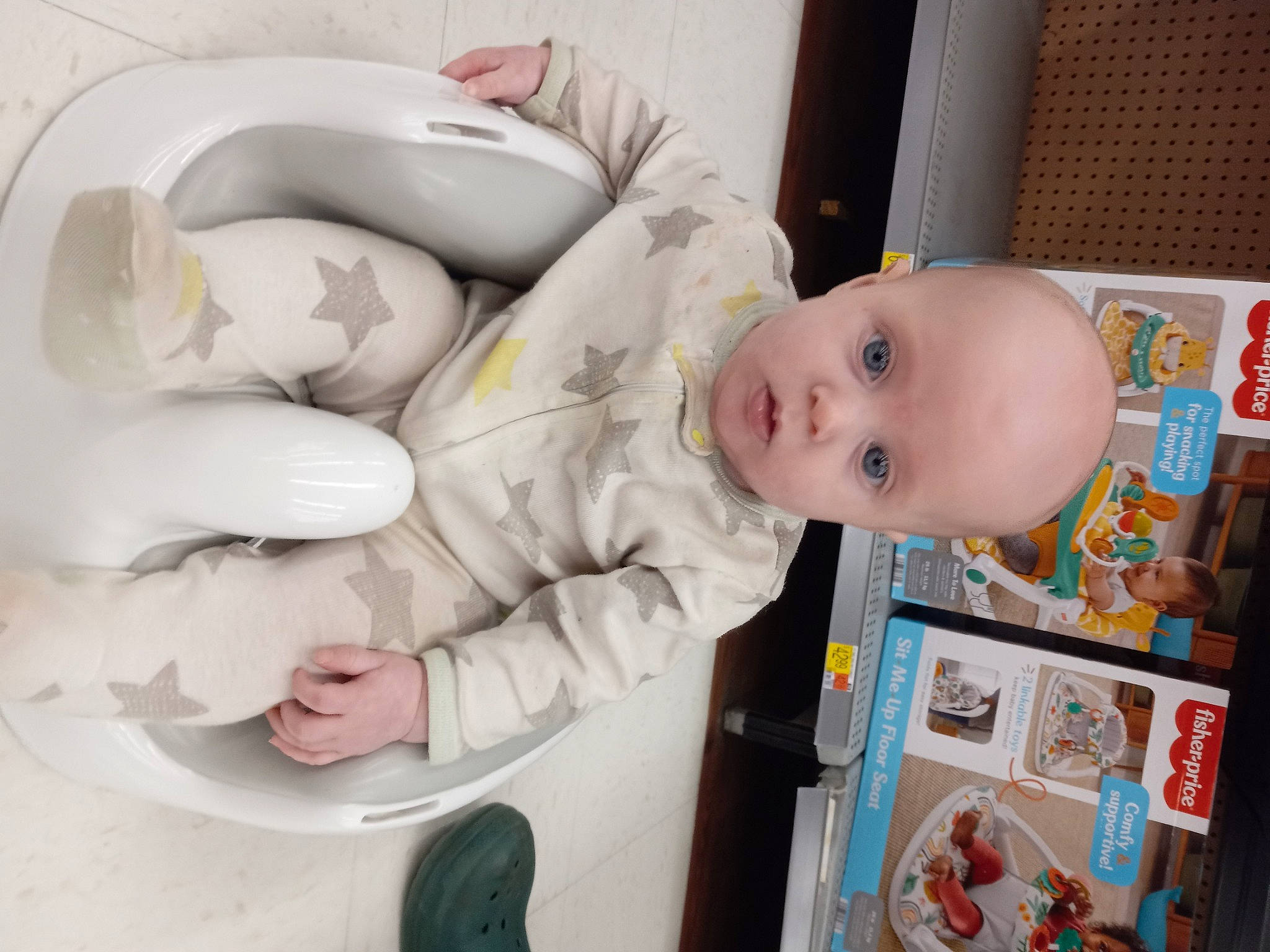 Jameson is registered to the contest to win money with this photo: baby, baby_products, baby_toddler_clothing, child, comfort, person, room, sitting, surprise, toddler