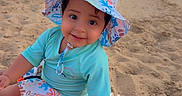 Lian joined the competition — help win amazing prizes! aqua_clothing, baby, beach, child, clouds, lake, landscape, outdoor, portrait, sand, shoreline, sitting, sky, smiling, sun_hat, sunset, swimwear, text_overlay, toddler, water