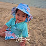aqua_clothing, baby, beach, child, clouds, lake, landscape, outdoor, portrait, sand, shoreline, sitting, sky, smiling, sun_hat, sunset, swimwear, text_overlay, toddler, water
