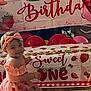 Bonnie joined the competition — help win amazing prizes! baby, child, birthday_party, pink_dress, headband, strawberry_pattern, balloons, table, banner, celebration, floor, smiling, cute, indoor, decorations, party, festive, infant, toddler, happy